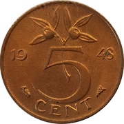 5 Cents - Wilhelmina, Netherlands, 1948 reverse image