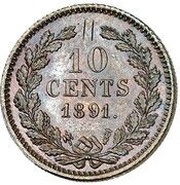 10 Cents - Wilhelmina Pattern, Netherlands, 1891 reverse image