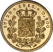 10 Gulden - Willem III, Netherlands, 1850-1851 reverse image