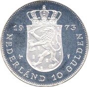 10 Gulden - Juliana Anniversary of Reign, Netherlands, 1973 reverse image