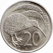 20 Cents - Elizabeth II 2nd portrait; Kiwi, New Zealand, 1967-1985 reverse image