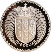 1 Dollar - Elizabeth II Berry Portrait; Shield of Arms, Silver Proof, New Zealand, 1979 reverse image