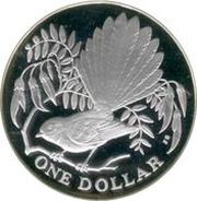 1 Dollar - Elizabeth II Berry Portrait; Fantail bird, Silver Proof, New Zealand, 1980 reverse image