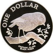 1 Dollar - Elizabeth II 2nd Portrait; Black Robin, Silver Proof, New Zealand, 1984 reverse image