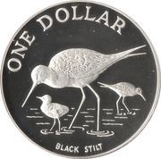 1 Dollar - Elizabeth II 2nd Portrait; Black Stilt, Silver Proof, New Zealand, 1985 reverse image