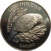 1 Dollar - Elizabeth II 3rd Portrait; Kakapo Bird, New Zealand, 1986 reverse image