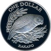 1 Dollar - Elizabeth II 3rd Portrait; Kakapo Bird, Silver Proof, New Zealand, 1986 reverse image
