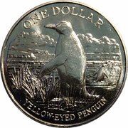 1 Dollar - Elizabeth II 3rd Portrait; Yellow-eyed Penguin, New Zealand, 1988 reverse image