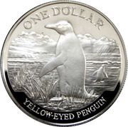1 Dollar - Elizabeth II 3rd Portrait; Yellow-eyed Penguin, Silver Proof, New Zealand, 1988 reverse image