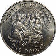1 Dollar - Elizabeth II 3rd Portrait; Treaty of Waitangi, New Zealand, 1990 reverse image