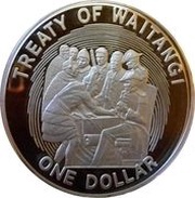 1 Dollar - Elizabeth II 3rd Portrait; Treaty of Waitangi, Silver Proof, New Zealand, 1990 reverse image