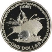 1 Dollar - Elizabeth II 4th Portrait; Rowi Kiwi, Silver Proof, New Zealand, 2005 reverse image