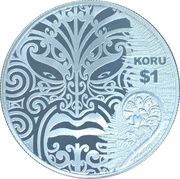 1 Dollar - Elizabeth II 4th Portrait; Maori Art - Koru; Silver Proof, New Zealand, 2013 reverse image