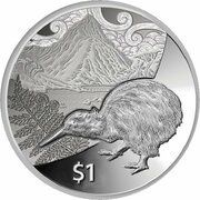 1 Dollar - Elizabeth II 4th Portrait - Kiwi and Mitre Peak, New Zealand, 2014 reverse image