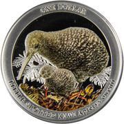 1 Dollar - Elizabeth II 4th Portrait; Apteryx Owenii Kiwi, coloured, New Zealand, 2022 reverse image
