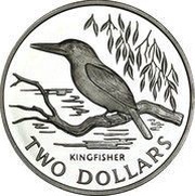 2 Dollars - Elizabeth II 3rd Portrait; Sacred Kingfisher, Silver Proof, New Zealand, 1993 reverse image