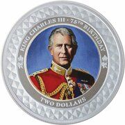 2 Dollars - Charles III 1st Portrait - 75th Birthday; Silver Proof, New Zealand, 2023 reverse image