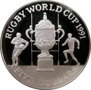 5 Dollars - Elizabeth II 3rd Portrait; Rugby World Cup, Silver Proof, New Zealand, 1991 reverse image