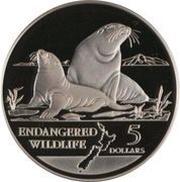 5 Dollars - Elizabeth II 3rd Portrait; Hooker Sea Lions, New Zealand, 1993 reverse image