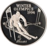 5 Dollars - Elizabeth II 3rd Portrait; Winter Olympics, New Zealand, 1994 reverse image
