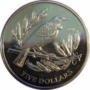 5 Dollars - Elizabeth II 3rd Portrait; Tui, New Zealand, 1995 reverse image