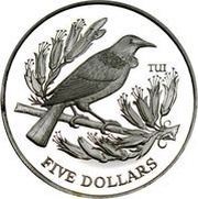 5 Dollars - Elizabeth II 3rd Portrait; Tui, Silver Proof, New Zealand, 1995 reverse image