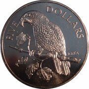 5 Dollars - Elizabeth II 3rd Portrait; Kaka, New Zealand, 1996 reverse image
