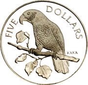5 Dollars - Elizabeth II 3rd Portrait; Kaka, Silver Proof, New Zealand, 1996 reverse image