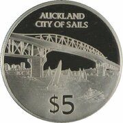 5 Dollars - Elizabeth II 3rd Portrait; Auckland City of Sails, New Zealand, 1996 reverse image