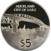 5 Dollars - Elizabeth II 3rd Portrait; Auckland City of Sails, Silver Proof, New Zealand, 1996 reverse image
