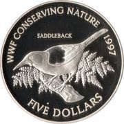 5 Dollars - Elizabeth II 3rd Portrait; Saddleback, Silver Proof, New Zealand, 1997 reverse image