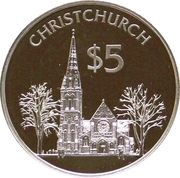 5 Dollars - Elizabeth II 3rd Portrait; Christchurch, Silver Proof, New Zealand, 1997 reverse image