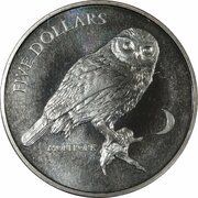 5 Dollars - Elizabeth II 4th Portrait; Morepork, New Zealand, 1999 reverse image