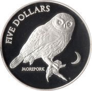 5 Dollars - Elizabeth II 4th Portrait; Morepork, Silver Proof, New Zealand, 1999 reverse image