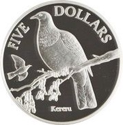 5 Dollars - Elizabeth II 4th Portrait; Kereru, Silver Proof, New Zealand, 2001 reverse image