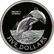 5 Dollars - Elizabeth II 4th Portrait - Hector's Dolphin; Silver Proof, New Zealand, 2002 reverse image
