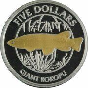 5 Dollars - Elizabeth II 4th Portrait; Giant Kokopu, Silver Proof, New Zealand, 2003 reverse image