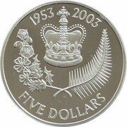 5 Dollars - Elizabeth II 4th Portrait; St Edward's Crown, Silver Proof, New Zealand, 2003 reverse image