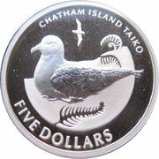 5 Dollars - Elizabeth II 4th Portrait; Chatham Island Taiko, Silver Proof, New Zealand, 2004 reverse image
