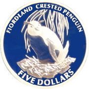 5 Dollars - Elizabeth II 4th Portrait; Fiordland Crested Penguin, Silver Proof, New Zealand, 2005 reverse image