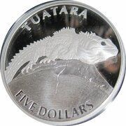 5 Dollars - Elizabeth II 4th Portrait; Tuatara, Silver Proof, New Zealand, 2007 reverse image