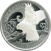 5 Dollars - Elizabeth II 4th Portrait; Kakapo, Silver Proof, New Zealand, 2009 reverse image