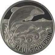5 Dollars - Elizabeth II 4th Portrait; Maui's Dolphin, Silver Proof, New Zealand, 2010 reverse image