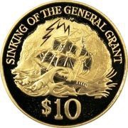 10 Dollars - Elizabeth II 3rd Portrait; Sinking of the General Grant, Gold Proof, New Zealand, 1996 reverse image