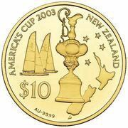10 Dollars - Elizabeth II 4th Portrait; America's Cup, Gold Proof, New Zealand, 2002 reverse image