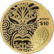 10 Dollars - Elizabeth II 4th Portrait; Maori Art - Koru; Gold Proof reverse image