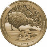 10 Dollars - Elizabeth II Posthumous; 4th Portrait - Tokoeka Kiwi; Gold Proof, New Zealand, 2023 reverse image