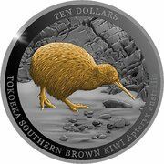 10 Dollars - Elizabeth II Posthumous; 4th Portrait - Tokoeka Kiwi; Silver Proof, New Zealand, 2023 reverse image