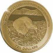 10 Dollars - Charles III 1st Portrait - Great Spotted Kiwi; Gold Proof, New Zealand, 2024 reverse image
