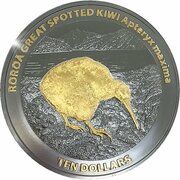 10 Dollars - Charles III 1st Portrait - Great Spotted Kiwi; Silver Gilded, New Zealand, 2024 reverse image
